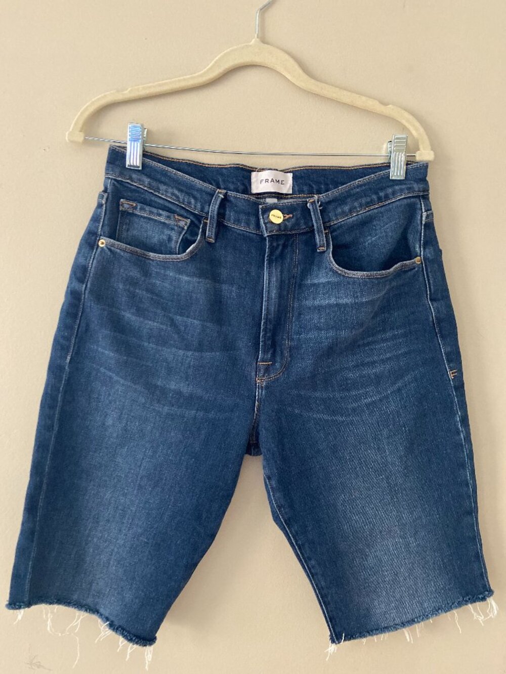 FRAME Denim | Le Slouch Bermuda Cutoff Shorts | Raw Hem | Dark Wash | Size 29